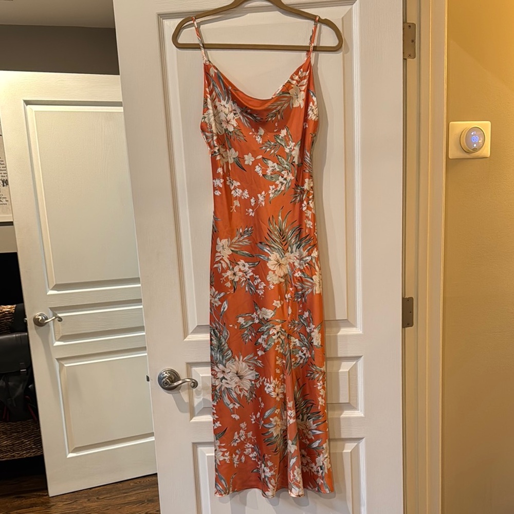 Orange Midi Slip Dress with Spaghetti Straps